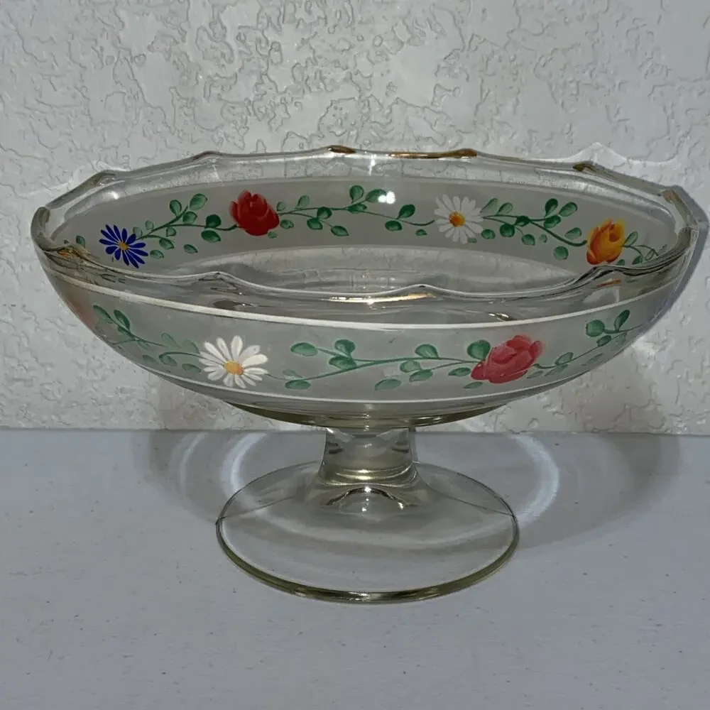 Vintage Pedestal Candy Dish Fruit Bowl Daisies Roses 8”x5” Bohemian Hand Painted